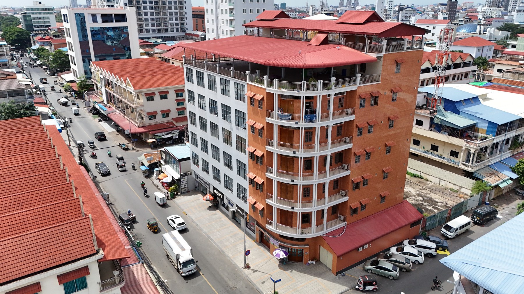 Aerial view of ProSaar Office Space building in Phnom Penh